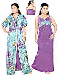 Indiatrendzs Women Satin Sleepwear Nighty 2 pc Set With Free Size Floral Robe Chest : 38"