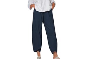 HHMY Pantaloni Capri da donna, estivi, in lino, da donna, estivi, a vita alta, tinta unita, larghi, in tessuto, leggeri, con tasca, pantaloni lunghi da yoga, con gamba larga