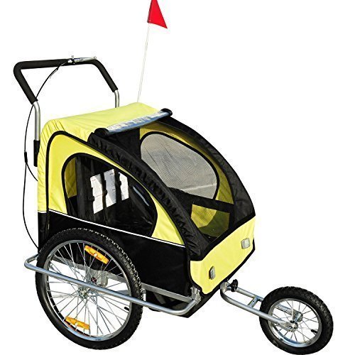 Remolque para Niños DOS PLAZAS con Amortiguadores Carro para Bicicleta CON BARRA INCLUIDA y Kit de Footing COLOR AMARILLO Y...