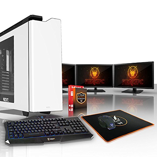 Fierce CHEETAH Gaming PC Bundeln - Schnell 4 x 4.5GHz Quad Core Intel Core i7 7700K, 120 mm All-In-One Flüssigkühler, 1TB Solid State Hybrid Drive, 16GB von 2133MHz DDR4 RAM-Speicher, AMD Radeon RX 580 8GB, HDMI, USB3, Wi-Fi, VR Bereit, Perfekt für High-End-Spiele, Windows nicht Enthalten - Tastatur (VK/QWERTY) / Maus / 3x 24-Zoll-Monitore, 3 Jahre Garantie (503406)