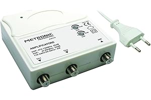 Metronic 414113 Amplificatore TV Vhf/Uhf per Digitale Terrestre con Filtro Lte, Vhf 25Db Regolabili, Uhf 30Db Regolabili, 1 Ingresso/2 Uscite, da Interno, Bianco