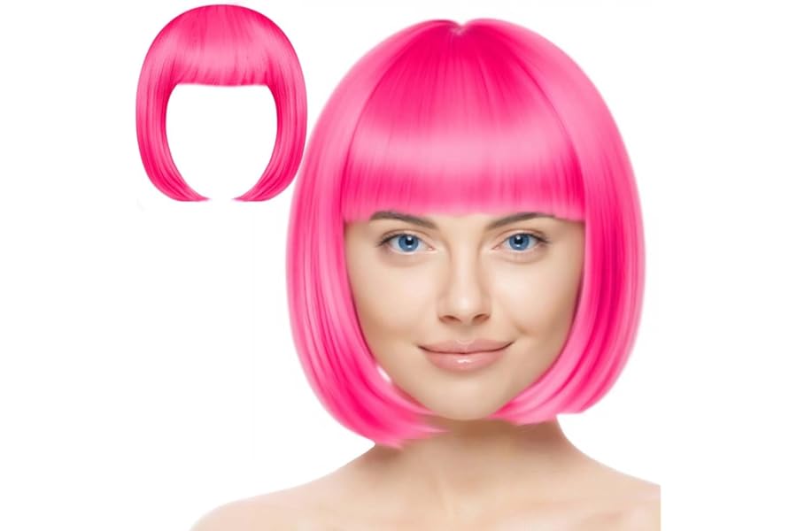 Aomig 3 Pack Short Rose Red Bob Wigs Set with 2 Wig Cap, Neon Fancy Dress Accessory Cosplay Party Wig, Synthetic Straight Wig for Daily Halloween