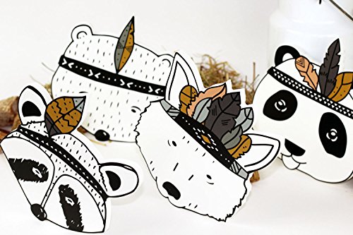 Wanddekoration in 3D für das Kinderzimmer – *** NEUHEIT*** 4er-Set mit 3D-Effekt -Süße schwarz-weiße Indianer Tierköpfe in TOP Qualität auf 10mm starken Platten – MADE IN GERMANY - 4