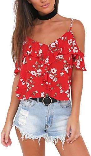 Simplee Apparel Simple Apparel Women's Floral Print Chiffon V Neck Cold Shoulder Ruffle Strap Top Blouse Shirt Red Size 12