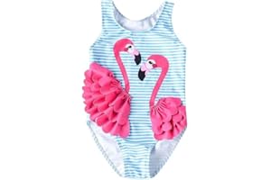 ALANTOP Girls Flamingo Print One-Piece Swimsuit with Ruffled Cute Striped Bathing Suit for Summer Beach Fun