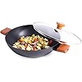 Wonderchef Caesar Forged Virgin Aluminium Kadhai with Glass Lid, 28cm, Black, Greblon C3 Non-Stick Coating, PFOA Free, German Beechwood Handles, Use for Frying, Cooking Rice/Biryani, Gravies, Dals