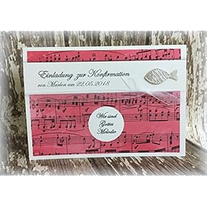 Einladung Einladungskarte Kommunion Konfirmation Musik Melodie Fisch silber pink fuchsia