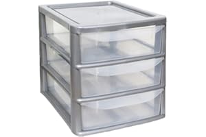 Khanary Plastic Storage Drawer A4 Storage Box Multipurpose Organizer Office Desktop Tabletop Counter School Bedroom Garage Kids Room Vanity organizer Black/Silver-Clear (Silver Clear, 3 Tier Small)