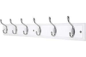 DOKEHOM 6-Satin Nickel Hooks on White Wooden Board Wall Mounted Coat Hook Rack Hanger