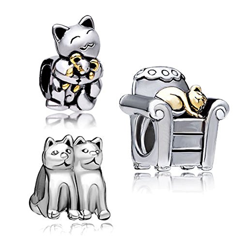 UniqueenJewellery Anhänger mit lachender Katze, die eine Maus umarmt, Glücksbringer, Pandora Armband