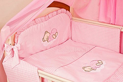 3 Piece Baby Nursery Bedding Set - SLEEPING BEAR To Fit (Cot Bed 140X70, Pink Check)