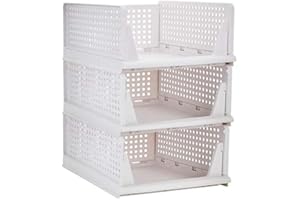 Ygapuzi 3Pack Stackable Clothes Storage Basket Organizer Sliding Cabinet Drawer Shelf DIY Divider Separator Desktop Container for Wardrobe Cupboard Kitchen Bathroom Office (White - 3Pack)