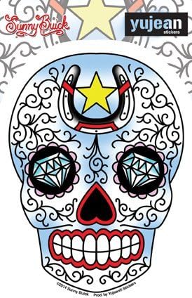 Sunny Buick, Old Skool Tattoo Lucky Horseshoe Diamond Sugar Skull Sticker Vinyl Decal - 3.75" x 5" - Weather Resistant, Long Lasting for Any Surface