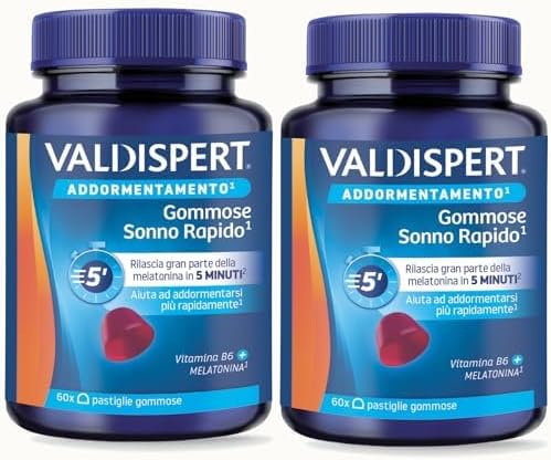 Valdispert Gommose Sonno Rapido, 120 Pastiglie Gommose per Dormire con Melatonina e Vitamina B6, Gusto Fragola, Senza Glutine e Senza Lattosio, 2 Confezioni da 60 Caramelle