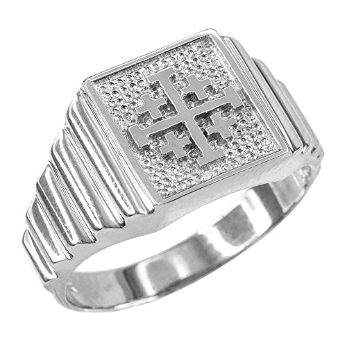 Kleine Schätze Herren Ring 14 Karat Weißgold Jerusalem Kreuz
