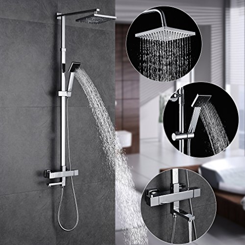 Auralum® Elegant 2 Jahre Garantie Duschset mit Thermostat und Höhenverstellbar ca. 82 bis 140cm Kopfbrause 20x20cm Inkl. Handbrause + Regenbrause