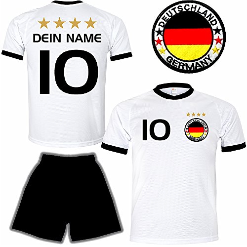 Deutschland Trikot + Hose mit GRATIS Wunschname + Nummer + Wappen Typ #D26 im EM / WM weiss – Geschenke für Kinder,Jungen,Baby,.. Fußball T-Shirt personalisiert als Weihnachtsgeschenk