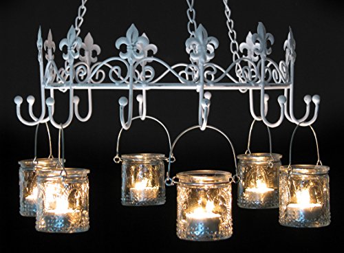 Windlicht, Gartenlaterne, Hängeleuchter, Kerzenhalter, Nostalgie-Kerzenleuchter "Lilie", Metall Weiss gewischt im Shabby-Used-Look, Ø 36 cm und 6 Teelichthaltern.