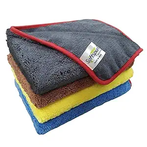 SOFTSPUN Microfiber High, Loop Silk Banded Edges, Car Cleaning Cloths, 40x40cms 4pcs (Multi-color) Towel Set 380 GSM Highly Absorbent, Multi-Purpose Cleaning Cloth