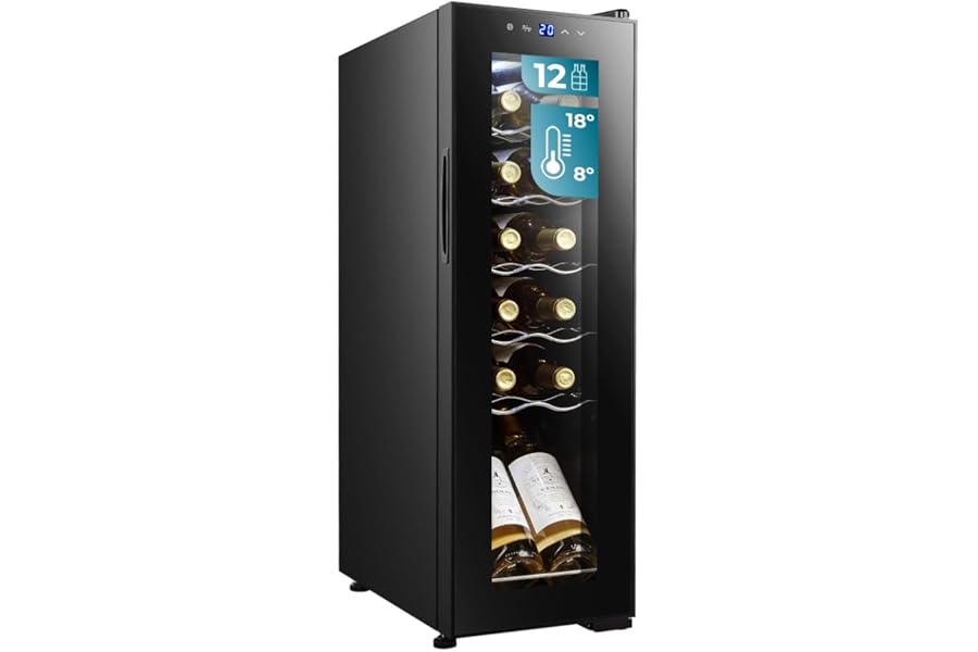 Cecotec GrandSommelier 1250 CoolCrystal Compressor Bolero Wine Cellar. 12 Bottles, Touch Display, 8-18ºC, Wooden Shelves, LED, 25 x 45 x 79.5 cm, Perfect for Storing Your Wines.