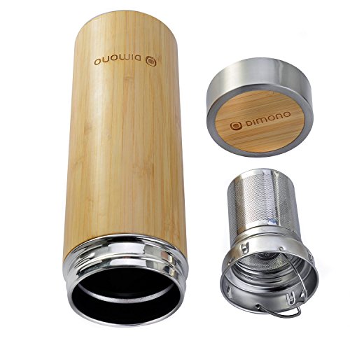 Dimono Bambus Thermobecher Reisebecher – Tee to go Teamaker doppelwandiger Thermosbecher mit Teesieb Thermoflasche aus Edelstahl, 400ml - 3
