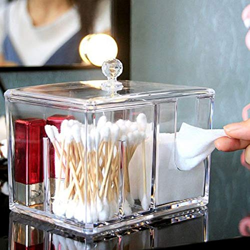 Becus Organizador de maquillaje Almohadillas de algodón Titular Divisor de tarro de hisopo con cubo de tapa 4 secciones para uso diario