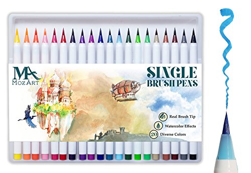 Pinselstift-Set – 20 Farben – weiche flexible Echtpinsel-Spitze, langlebig, Wasserfarben-Effekt, Aquarell – Ideal für Malbücher, Manga, Comic, Kalligrafie, duale Stärke, MozArt Supplies