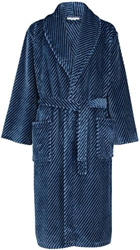 Walker Reid Mens 49" or 124cm Long Luxury 140GSM Soft Light and Dark Blue Check Fleece Shawl Collared Belt Bath Robe Dressing Gown House Coat Medium