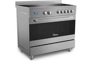 Midea 90x60cm Freestanding Ceramic Cooker with 109L Multifunction Oven, 5 Zones Full Electric Cooking Range with LED Display, Dual Convection Fan, Rotisserie, Digital Timer, Stainless Steel, VSVC96048