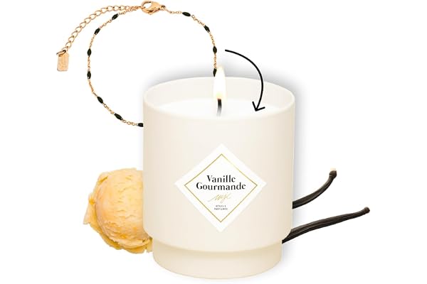 MY JOLIE CANDLE - Bougie Bijou Parfumée Vanille Gourmande - Bracelet doré en acier inoxydable avec perles noires - Cadeau parfait pour Noël et anniversaire - Cire à base végétale - Made in France