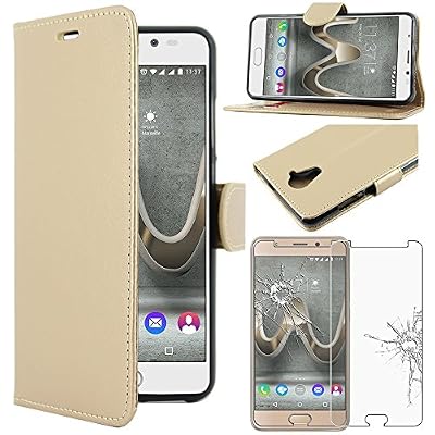 ebestStar - pour Wiko U Feel Prime - Housse Coque Etui Portefeuille Support PU Cuir + Film protection écran en VERRE Trempé, Couleur Or / Doré [Dimensions PRECISES de votre appareil : 142.5 x 69.9 x 8.7 mm, écran 5''] [Note Importante Lire Description…