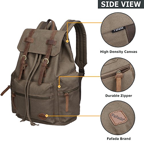 Fafada Rucksack Canvas Vintage Damen M  dchen Leder Retro Laptop backpack Schulrucksack Daypack f  r Campus Studenten und Outdoor Reisen Wandern Armee