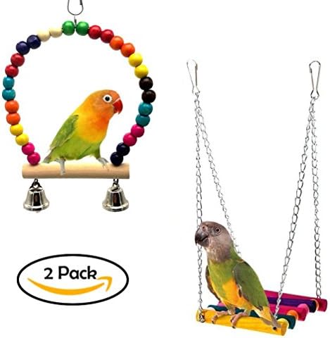Bird Swing Toys with Colorful Wood Beads Bells and Wooden Hammock Hanging Perch for Budgie Lovebirds Conures Small Parakeet Cages Decorative Accessories