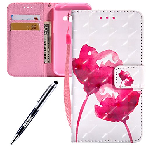 For Samsung Galaxy J1 2016 case,Feeltech JAWSEU Samsung Galaxy J1 2016 PU leather Wallet Flip Cover Multi Function Card Slots Protective Cases with Cute Animal & Colourful Pattern Design [Stand Function][Magnetic Closure] Flip Folder Card Holders Money Pouch Smart Phone Cover with Hand Strap for Samsung Galaxy J1 2016 - Red rose