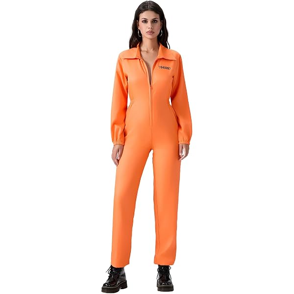 orange boiler suit fancy dress Smiffy's Adult Escaped Prisoner Costume, Orange Jumpsuit, Halloween Inmate Outfit, Medium 38-40