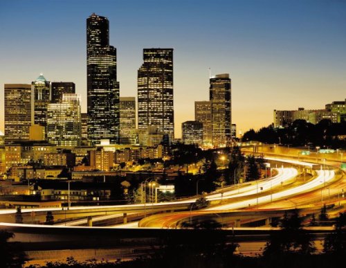 Fototapete "New York City Lights", 8-teilig - 368x254cm, New York im Sonnenuntergang, Motivtapete, Bildtapete, Wall Mural, City, Wolkenkratzer, Skyline.