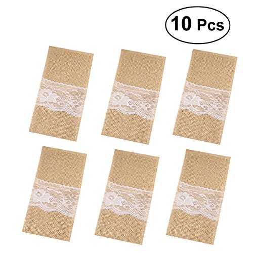 Preisvergleich Produktbild BESTOYARD Jute Bestecktasche Halter 10pcs Spitze Besteck Beutel Hochzeit Dekoration