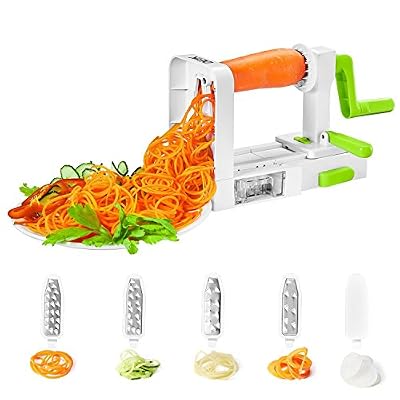Deik Spiralizer Coupe-légumes, 5 lames spirale de légumes, pliable trancheuse spirale, Meilleur courgettes nouilles et légumes Pâtes et Spaghetti Maker pour Low Carb/Paléo/repas sans gluten