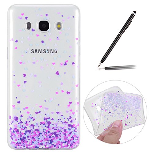 Felfy Hülle für Samsung Galaxy J5 (2016),Samsung J5 Silikon Tasche Hülle Ultra Dünne Slim Weicher Gel Flexible TPU Case Transparent Schutzhülle Silikon Crystal Case Durchsichtig Muster Silikon Kratzfeste Handyhülle Bumper Schale Case Tasche Etui für Huawei Samsung Galaxy J5 (2016) (Lila Liebe Schale) + 1 xSchwarz Schwarz Touch Stylus