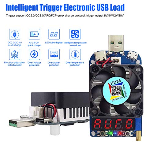 Preisvergleich Produktbild Innovateking-EU Electronic Load Tester USB Load Tester-Widerstandsmodul Auslöser QC2.0 QC3.0 35W 0.25-5A HD35 USB-Schnittstelle Entladung einstellbarmit konstantem Strom Intelligentem Kühlventilator