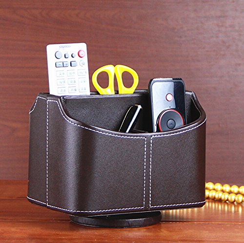 hensych® Luxus Kunstleder drehbar Fernbedienung Storage Caddy mit 5 Multifunktional Speicher Fach für Stift/Bleistift/Handy/Fernbedienung Halter Schreibtisch Supplies Organizer Brown A - 2
