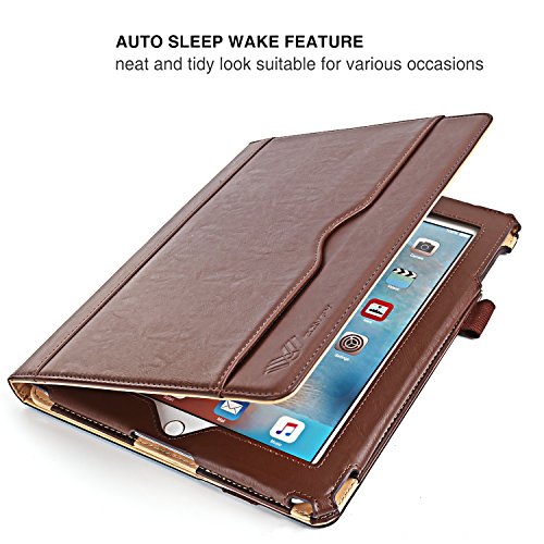 SAVFY iPad 2/3/4 Hülle Auto Sleep Wake up Funktion Business Serie Case Smart Cover mit Klettverschluss Handschlaufe, Kartensteckplätze braun - 6