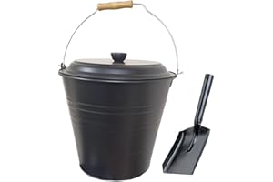 Easy Shopping® 12L 12 Liter Metal Ash Bucket Black with Free Shovel Fireside Storage Coal Ash Bin Fire Log Container with Wood Handle and Black Lid