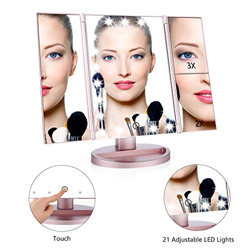 Easehold 1x 2x 3x ELander faltbar, beleuchtete Kosmetikspiegel mit Badezimmer Spiegel Eitelkeit Spiegel drei Panel 21Pcs Led Licht 180 Grad frei drehbare Arbeitsplatte Kosmetik Make-up-Spiegel (Rosen-Gold) - 6