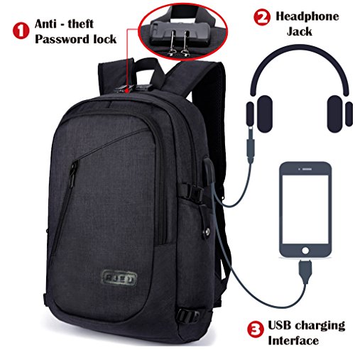 Mochila Antirrobo Impermeable, Mochila Para Port&aacute;til Multiusos Mochilas Escolares con Puerto de Carga USB - Negro