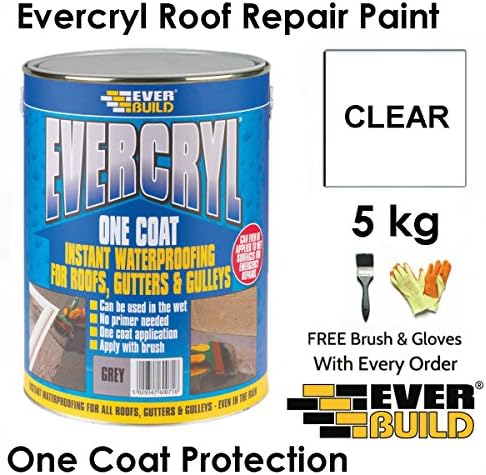 Evercryl | Roof Repair | Waterproofing Roof Sealant | One Coat | 4 Colours | By Everbuild | FREE Brush and Gloves | Clear 5 Kg