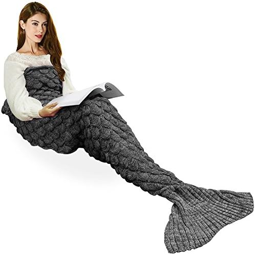 eCrazyBaby Wearable Mermaid Tail Blanket Crochet, All Seasons Warm Knitted Bed Blankets Sofa Living Room Quilt for Kids and Adults, Fish-Scales Pattern, 70.9" x 35.5" (180 x 90cm), Black