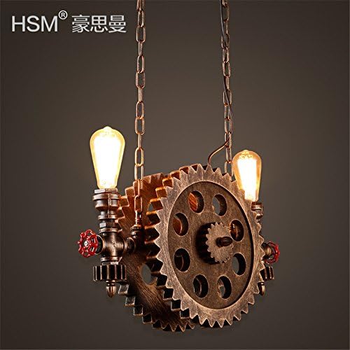 Koalala Retro Restaurant Bar Gear Chandeliers Loft Industrial Air-Bar Of Internet Cafes Two Water Pipes Wood Gear 55*32Cm Lamp