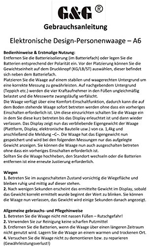 G&G A6 180kg DESIGN Digitalwaage Personenwaage AAA Batteriebetrieb GLAS Scale (Schwarz-Kreuz) - 5