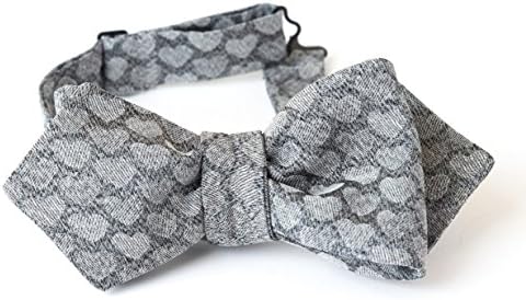 Silk Bow Tie for Men and Boy, Unisex, Grey Silver with Grey Heart, One Size Adjustable with Hook